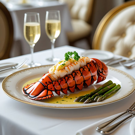 A beautifully presented gourmet lobster tail sits on a white plate with a gold rim, accompanied by tender asparagus spears and a rich butter sauce. Two glasses of champagne are visible in the background, set on a white tablecloth in an elegant restaurant setting, suggesting a celebratory or romantic dining experience.の素材