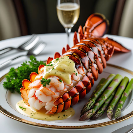 A meticulously prepared lobster tail, its bright orange shell contrasting with the succulent white meat, is presented on a white plate with a gold rim. It is generously topped with a creamy yellow sauce and garnished with fresh parsley. Alongside the lobster are several tender green asparagus spears. A glass of champagne and cutlery are visible in the background, suggesting an upscale dining experience.の素材