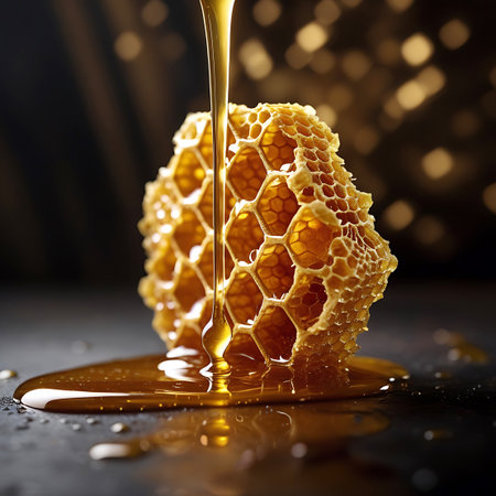This macro photograph showcases golden honey being poured over a textured piece of honeycomb. The liquid flows and drips, highlighting the intricate hexagonal cells. The dark background features a soft bokeh effect of golden lights, adding depth and visual interest.の素材