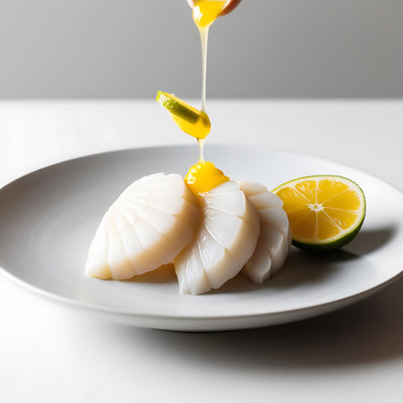 A close-up view shows several raw, white scallops arranged on a plate. A hand is visible at the top, drizzling a golden liquid, presumably a sauce or citrus juice, onto the scallops and a slice of lime. A halved lime sits on the plate to the right of the scallops. The composition is set against a bright white background, highlighting the textures of the scallops and the freshness of the citrus.の素材