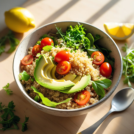 A close-up, top-down view of a healthy quinoa bowl filled with fluffy quinoa, sliced avocado, halved cherry tomatoes, and fresh green leaves. A bright yellow lemon and a sprig of parsley are visible in the background, with sunlight casting shadows on the wooden surface. A silver spoon rests to the right of the bowl.の素材