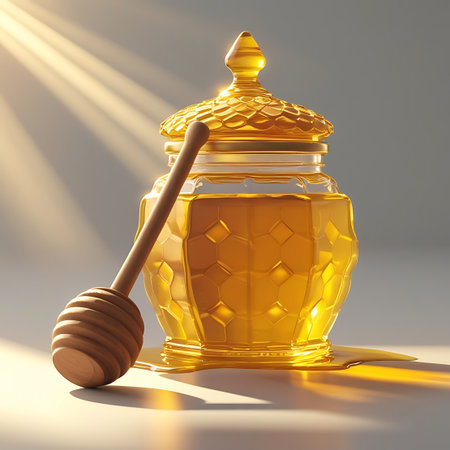 A still life composition featuring a glass honey jar with a hexagonal pattern and a golden lid. A wooden honey dipper is placed beside the jar, and a small amount of honey has dripped onto the surface. Sunlight streams from the left, creating bright highlights and casting shadows on the textured surface.の素材