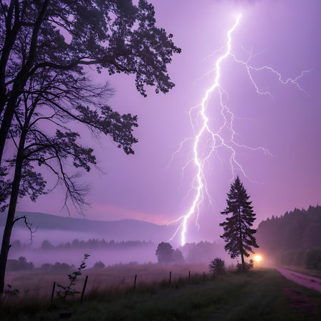 A bright white lightning bolt dramatically pierces a misty, purple sky over a rural landscape. Silhouetted trees, including a tall evergreen and a bare deciduous tree, frame the scene. The ground is covered in grass, and a faint light is visible in the distance. The image captures the raw power of nature during a storm.の素材