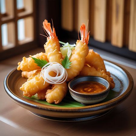 A close-up of a plate featuring several pieces of golden-fried shrimp tempura. The shrimp are coated in a light, crispy batter and garnished with finely shredded daikon radish and a decorative swirl of white. A small bowl of dipping sauce sits alongside the tempura, and the dish is presented on a dark plate with a banana leaf base.の素材