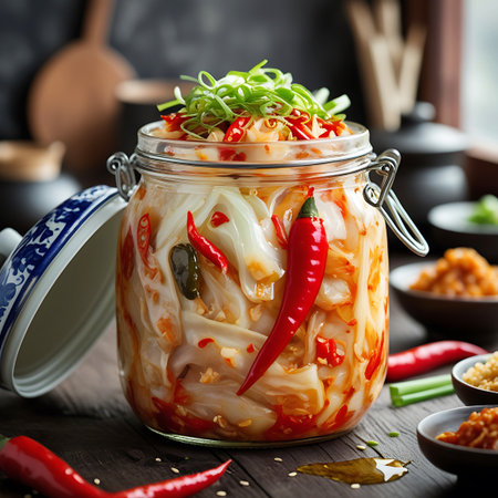 A close-up of a glass jar brimming with spicy red kimchi, garnished with green sprouts and chili peppers. The jar has a decorative lid and is set on a dark wooden surface. Red chili peppers and chopped green onions are scattered around the jar, with small ceramic bowls containing more kimchi in the background.の素材