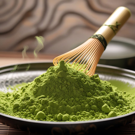 A generous heap of bright green matcha powder is presented in a dark, textured bowl. A bamboo whisk is inserted into the peak of the powder, with delicate wisps of steam rising from it, suggesting warmth. The fine texture of the matcha is clearly visible, creating a rich visual.の素材