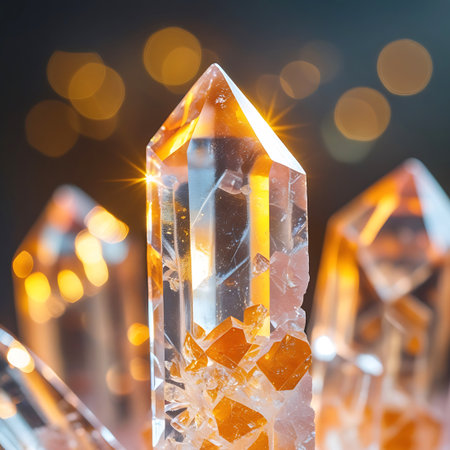 This close-up image features a clear quartz crystal cluster with a prominent pointed top. The crystal is infused with vibrant orange hues and sparkles with internal light. The background is softly blurred with golden bokeh lights, creating a magical and ethereal atmosphere.の素材