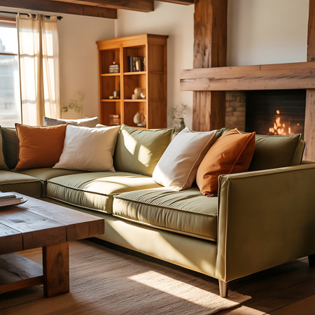 A sunlit living room features a large, olive-green sectional sofa with an assortment of decorative pillows. A rustic wooden coffee table sits in the foreground. In the background, a stone fireplace with a wooden mantel is visible, along with exposed wooden ceiling beams, a bookshelf, and sheer curtains allowing natural light to enter.の素材