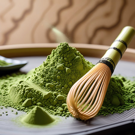 A large pile of vibrant green matcha powder dominates the frame, with a bamboo whisk resting on its peak. A smaller, distinct mound of matcha powder is visible in the foreground. The fine texture of the powder is highlighted, and the background is softly blurred.の素材
