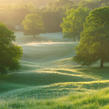 A serene landscape of rolling green valleys is enveloped in a soft mist. Sunlight filters through the trees and illuminates the scene with a warm, golden glow. The undulating terrain is covered in lush grass, with scattered trees adding depth and texture. The mist creates a dreamy, ethereal quality, highlighting the gentle curves of the hills.の素材
