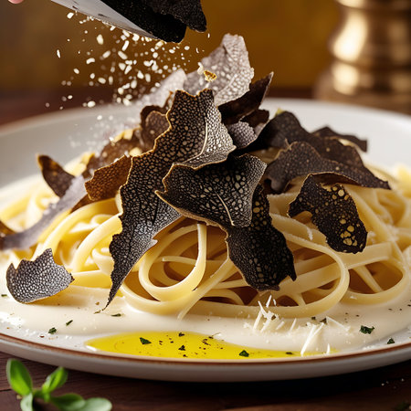 A plate of linguine pasta is generously topped with thin, dark shavings of black truffle. A creamy white sauce coats the pasta, and grated cheese is sprinkled over the top. A small sprig of green herb and a drizzle of olive oil add a touch of color.の素材