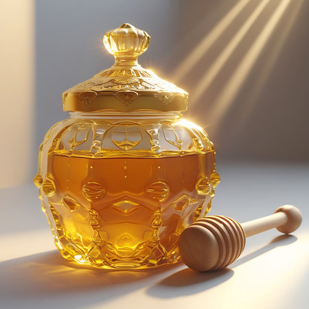 A detailed view of a clear glass honey jar with an intricately patterned surface and a decorative golden lid. The jar contains rich, amber-colored honey. A wooden honey dipper is positioned next to it. Soft sunlight illuminates the scene, creating a warm glow and casting subtle shadows.の素材