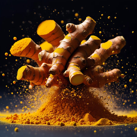 This image captures a dramatic explosion of turmeric roots and powder in mid-air against a dark background. Several turmeric rhizomes, with their characteristic segmented structure and earthy tones, are suspended as bright yellow powder erupts around them. The lighting creates strong contrasts, highlighting the texture of the roots and the fine, scattered particles of turmeric powder. The scene conveys a sense of intense flavor and natural energy.の素材