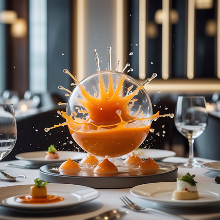 An artistic food display features an orange liquid splashing inside a glass sphere, with smaller orange droplets and spheres arranged on a dark plate below. The setup is on a formal dining table with white tablecloths, plates, and wine glasses, set against a softly blurred, upscale restaurant backdrop.の素材