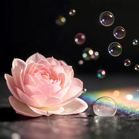 A beautiful pink lotus flower with soft, layered petals rests on a dark, reflective surface. Several iridescent bubbles float in the air above and beside the flower. A subtle rainbow shimmer is visible on the surface, adding a touch of magic and wonder to the serene scene.の素材