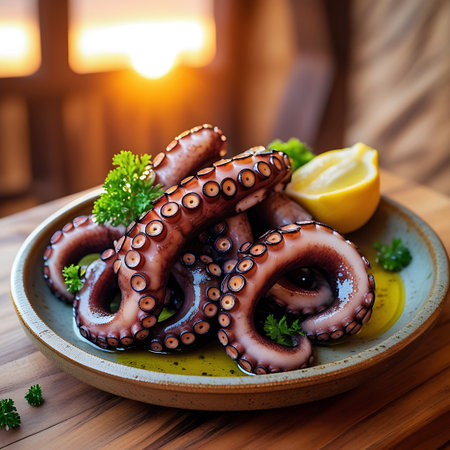 A detailed view of grilled octopus tentacles presented on a rustic ceramic plate. The cooked tentacles, with their distinct suckers, are arranged attractively and drizzled with olive oil. Fresh green parsley is used as a garnish, adding a vibrant contrast. A bright yellow lemon wedge is placed to the side of the dish. The plate is set on a wooden surface, and the scene is bathed in warm, soft light, highlighting the textures and colors of the food.の素材