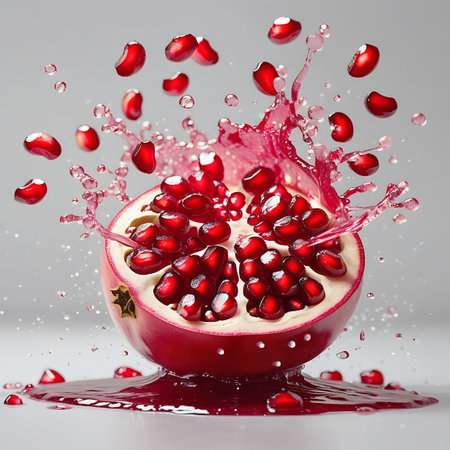 A close-up studio shot features a half-cut pomegranate in a dynamic splash of its own red juice. Numerous arils are suspended in the air, some flying outwards from the burst. The image conveys a sense of intense freshness and the vibrant nature of the fruit, set against a neutral white surface and background.の素材