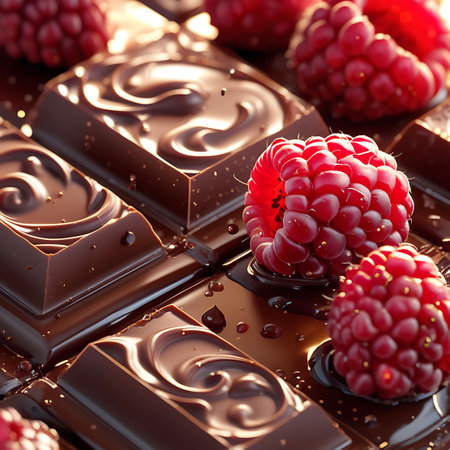 Close-up view of rich dark chocolate bars with a glossy finish. Fresh, vibrant raspberries are nestled on the chocolate, some appearing to be partially submerged in melted chocolate. Small droplets of water or condensation add a glistening effect to the surface of the chocolate. The texture of the chocolate and the bright red of the raspberries create a visually striking and appetizing composition.の素材