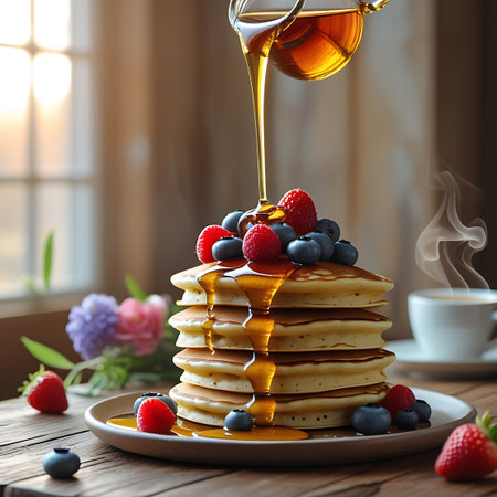 A tall stack of golden pancakes is generously topped with fresh blueberries and bright red raspberries. Golden syrup is being poured from a clear glass decanter, creating glistening trails down the sides of the pancakes. The breakfast is presented on a plate on a rustic wooden table, with warm sunlight streaming through a window in the background. A steaming cup of coffee and a soft focus of flowers complete this inviting morning scene.の素材