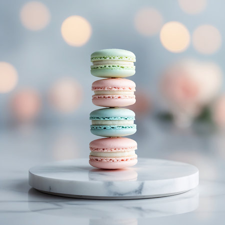 A stack of four pastel macarons, in pink, blue, and green hues, rests on a round marble plate. The macarons are precisely layered, showcasing their delicate texture and creamy filling. The background features soft, out-of-focus bokeh lights in warm tones.の素材