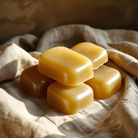A close-up studio shot features a small stack of five golden-brown caramel candies. The candies have smooth, glossy surfaces that reflect the light. They are arranged on a textured, light-colored fabric that is draped and folded, creating soft shadows and highlights. The background is softly blurred with warm tones.の素材
