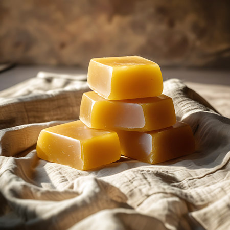 A close-up studio photograph presents a stack of four golden-brown caramel candies resting on a textured, neutral-colored fabric. The candies exhibit smooth, shiny surfaces that capture the light. The fabric is draped and folded, creating a soft backdrop with gentle shadows and highlights. The background is softly out of focus with warm tones.の素材