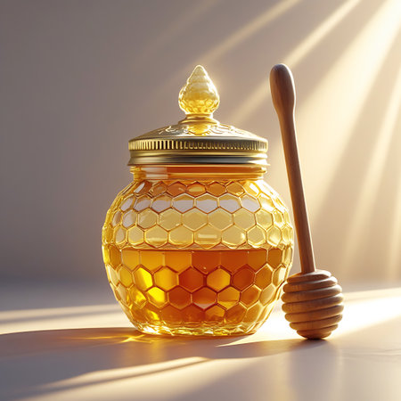 A close-up, low-angle shot of a clear glass jar filled with golden honey. The jar has a textured, hexagonal pattern resembling a honeycomb and is topped with an ornate golden lid. A wooden honey dipper rests beside the jar. Dramatic sunbeams stream in from the side, casting long shadows and highlighting the viscous liquid.の素材
