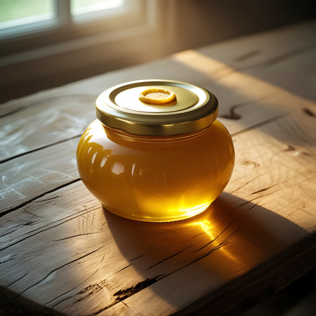 A round glass jar filled with golden honey is topped with a shiny golden lid, which has a small wax seal with a honeycomb design. The jar is placed on a textured wooden table, illuminated by warm sunlight filtering in from the left, creating soft shadows and highlighting the honey's rich color and texture.の素材