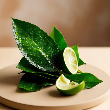 A stack of lush green leaves, covered in sparkling water droplets, is presented on a smooth, beige plate. Two lime wedges, also showing moisture, are placed near the leaves. The lighting is soft, emphasizing the freshness and natural beauty of the elements.の素材