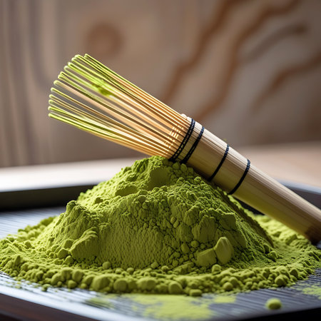 A close-up view of a vibrant green mound of matcha powder sits on a dark tray. A traditional bamboo whisk is positioned on top of the powder, its tines fanned out. The fine texture of the matcha is detailed, with a shallow depth of field blurring the background.の素材