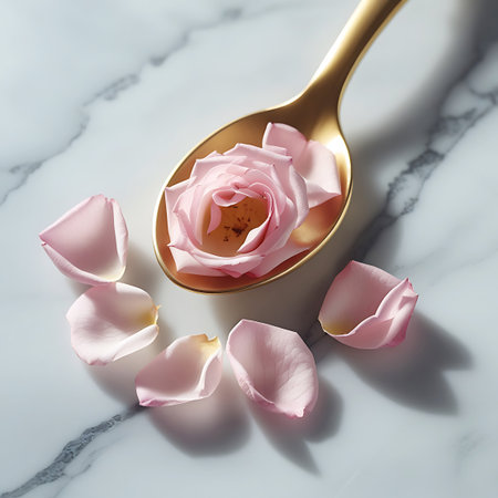 A single, delicate pink rose blossom rests within a golden spoon, surrounded by scattered pink rose petals. The scene is set on a textured marble surface with soft lighting that emphasizes the intricate details of the flower and petals.の素材