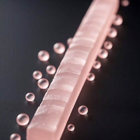 A long, rectangular pink translucent bar with horizontal segmented lines is the main focus, positioned diagonally. Scattered around it are numerous small, round, pink translucent spheres of varying sizes, some appearing like liquid droplets or gel beads. The composition is set against a dark, out-of-focus background, with soft light reflecting off the surfaces of the bar and spheres.の素材