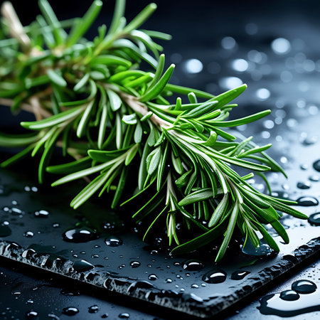 A close-up shot of a fresh green rosemary sprig lies on a dark, textured slate surface. The surface is dotted with numerous clear water droplets, reflecting light and adding a sense of moisture and freshness. The rosemary leaves are sharp and distinct, with a rich green hue. The dark slate provides a dramatic backdrop, emphasizing the natural beauty and detail of the herb and the water. The composition focuses on the texture and the glistening effect of the water.の素材