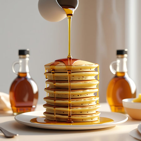 A close-up shot captures syrup being poured from a small white pitcher onto a substantial stack of fluffy pancakes. The golden syrup cascades down the sides, pooling at the base. Two glass bottles filled with amber syrup stand in the blurred background, suggesting a generous supply. The pancakes are presented on a clean white plate, with soft, bright lighting highlighting the textures and colors of the food.の素材