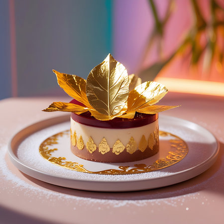 A round chocolate mousse cake is presented on a light grey plate dusted with powdered sugar. The cake is topped with a glossy, deep red cherry glaze and decorated with a band of intricate gold leaf patterns around its base. A cluster of golden leaves forms a decorative element on top, adding a touch of opulence to this elegant dessert.の素材