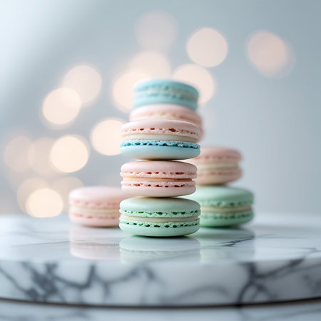 A vertical stack of pastel-colored macarons, including blue, pink, and green, is arranged on a marble surface. The macarons have a creamy filling visible between their delicate shells. In the background, soft, out-of-focus lights create a dreamy bokeh effect.の素材