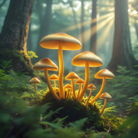 Forest showing sunlight illuminating a cluster of golden mushrooms in a forest. High resolution image suitable for commercial use. Clear details and vibrant colors enhance visual appeal.の素材