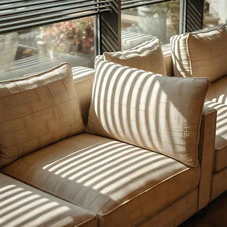 A detailed view of a textured sofa with several decorative pillows. Sunlight filters through window blinds, casting strong, linear shadows across the cushions and pillows, creating a dynamic visual effect. The neutral color palette and soft lighting suggest a peaceful and stylish living space.の素材