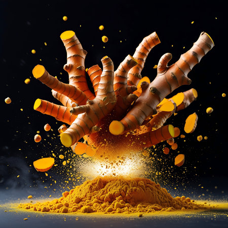 A dynamic and vibrant image captures turmeric roots and powder in a dramatic explosion against a dark background. Bright yellow dust and particles burst outwards from a central pile of turmeric powder, with pieces of the root also suspended in the air. The image conveys energy and the intense color of the spice.の素材