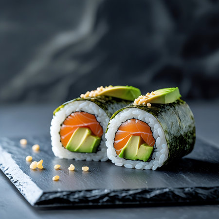 Two salmon and avocado sushi rolls are showcased on a dark slate plate, sprinkled with a few scattered sesame seeds. The rolls are tightly wrapped in nori seaweed, revealing the layers of white rice, vibrant orange salmon, and fresh green avocado within. A small garnish of avocado and sesame seeds tops each roll. The lighting highlights the textures and colors of the sushi.の素材