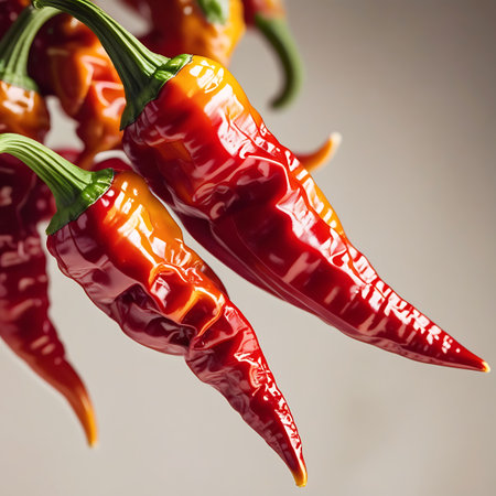 This close-up image focuses on two glossy red chili peppers with prominent green stems. The peppers are positioned in the foreground, with their smooth, reflective skins catching the light. The detailed texture and rich red hue are emphasized, creating an intimate view of these spicy ingredients. The background is softly blurred, drawing all attention to the peppers.の素材