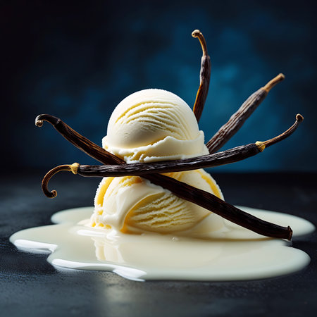 Two scoops of creamy white vanilla ice cream are stacked, with the top scoop melting and dripping down. Several dark vanilla beans are arranged around and behind the ice cream, their distinct shapes and textures prominent. The ice cream is melting onto a dark surface, with a dark blue background.の素材