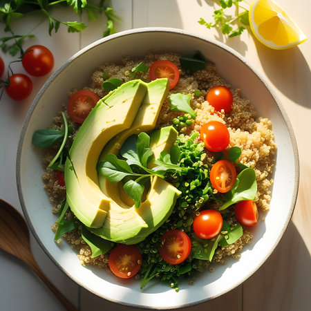 An overhead shot of a vibrant quinoa bowl featuring fluffy quinoa, creamy avocado slices, halved cherry tomatoes, and fresh green leaves. A bright yellow lemon wedge and parsley sprigs are scattered around the bowl on a light wooden surface. A wooden spoon is positioned on the left side.の素材