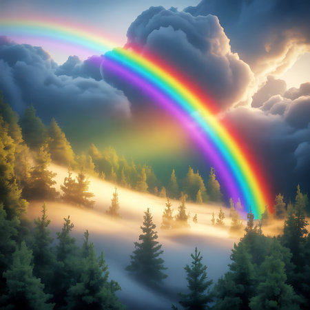 A vibrant, full rainbow arches across a dramatic sky filled with fluffy clouds. The rainbow's colors are vivid against the muted tones of the clouds. Below, a misty pine forest landscape is bathed in soft sunlight, with rays of light piercing through the fog and illuminating the trees.の素材