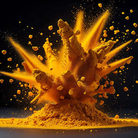 A dynamic explosion of vibrant yellow powder, likely turmeric or a similar spice, erupts against a dark, out-of-focus background. Fine particles and larger clumps are suspended in mid-air, creating a sense of intense motion and energy. The powder forms a peak at the base, with the explosion radiating outwards in sharp, energetic bursts.の素材