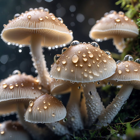 This macro photograph captures a group of wet mushrooms in a dark forest environment. Large, clear water droplets sit on the textured caps and hang from the delicate gills of the fungi. The stems are white and textured, with some appearing fuzzy. The background is softly blurred, creating a bokeh effect.の素材