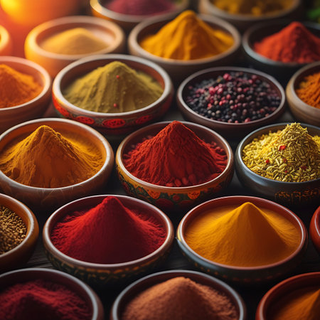 Photo showing vibrant spices in decorative bowls close-up. High resolution image suitable for commercial use. Clear details and vibrant colors enhance visual appeal.の素材