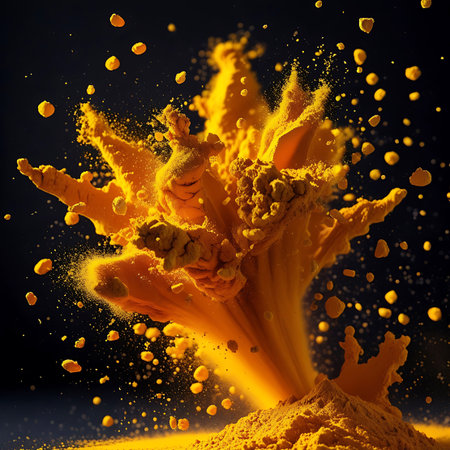 A powerful burst of vibrant yellow powder, resembling turmeric or a spice, is captured in motion against a dark, blurred background. Numerous small particles are scattered outwards, creating a dynamic and energetic visual. The central mass of powder is shaped by the force of the explosion, with tendrils and fragments flying in all directions.の素材