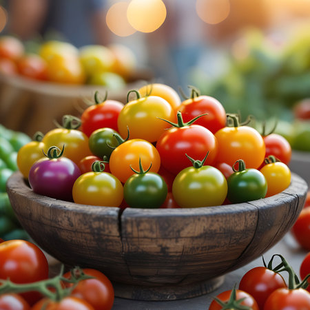 A rustic wooden bowl is filled to the brim with a vibrant assortment of ripe cherry tomatoes. The tomatoes display a variety of colors including deep red, bright yellow, fresh green, and rich purple. Some tomatoes still have their green stems attached. The bowl sits on a surface with a shallow depth of field, creating a soft, blurred background with warm bokeh lights.の素材
