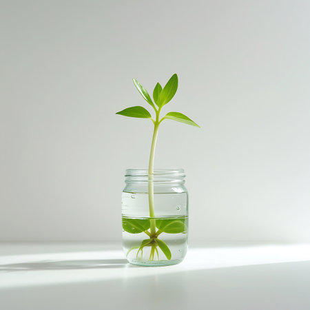 A healthy green plant with multiple leaves and a well-developed root system is growing in a clear glass jar filled with water. The plant's stem rises from the water, and its intricate roots are clearly visible. The jar is positioned on a white surface with soft shadows, against a neutral white background.の素材